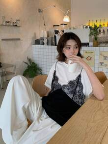 DAZY Women's Lace Camisole Casual Short Sleeve T-Shirt - White - View 6