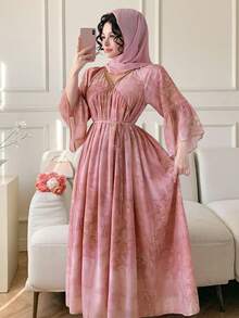 DAZY 女士优雅碎花V领中长连衣裙，春夏婚礼宾客礼服 - 粉色 - 查看 8