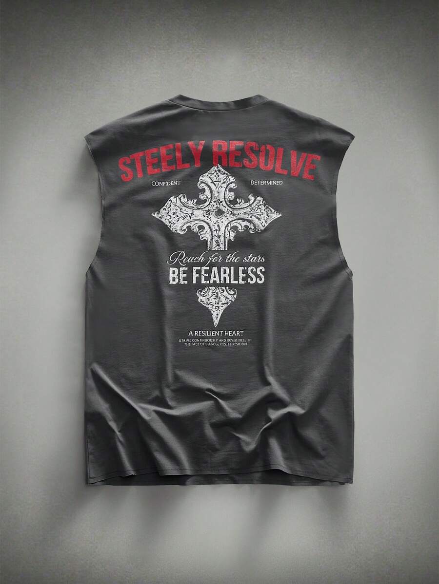 HIMLAND Men's Casual Commute College Street Slogan Cross Print Tank Top - Grey - View 1