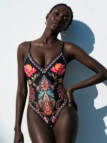 SHEIN Veneréa 夏季度假性感印花V领系带连体泳衣（女款） - 彩色 - 查看 2