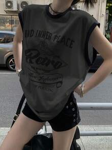 DAZY 女士圆领字母印花休闲宽松百搭背心 - 灰色 - 查看 6