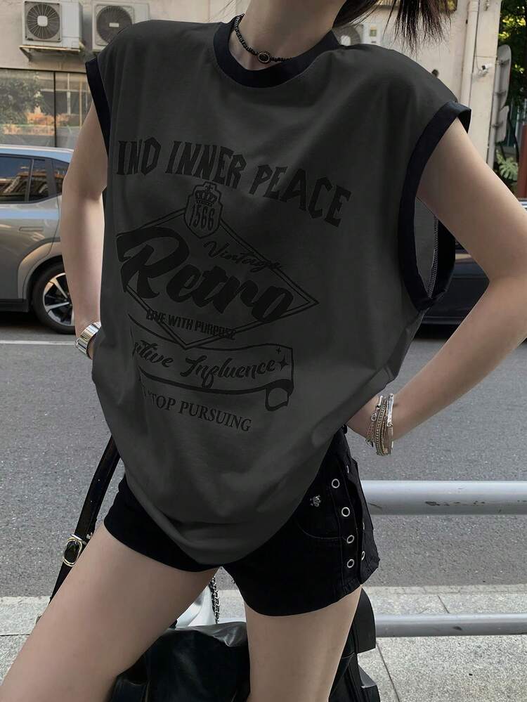 Women's Round Neck Letter Print Casual Loose Versatile Tank Top Oversize T Shirt Women