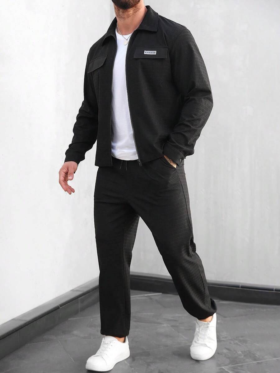 Manfinity Homme 2pcs Men's Elegant Houndstooth Jacquard Long Sleeve Zip-Up Jacket And Drawstring Elastic Waist Ankle Cuff Pants Set, Classic Hot-Selling Autumn/Winter Casual Outfit For Vacation, Dates, Parties, Office, Business - Black - View 1