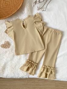 女婴优雅简约黄绿色竹纤维针织面料领口蕾丝边圆领褶皱下摆短袖上衣和裤子休闲套装 - 黃色 - 查看 8