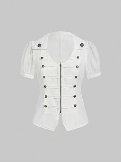 Grunge Punk Top de mujer con parches de malla de estilo militar marinero de doble botonadura steampunk