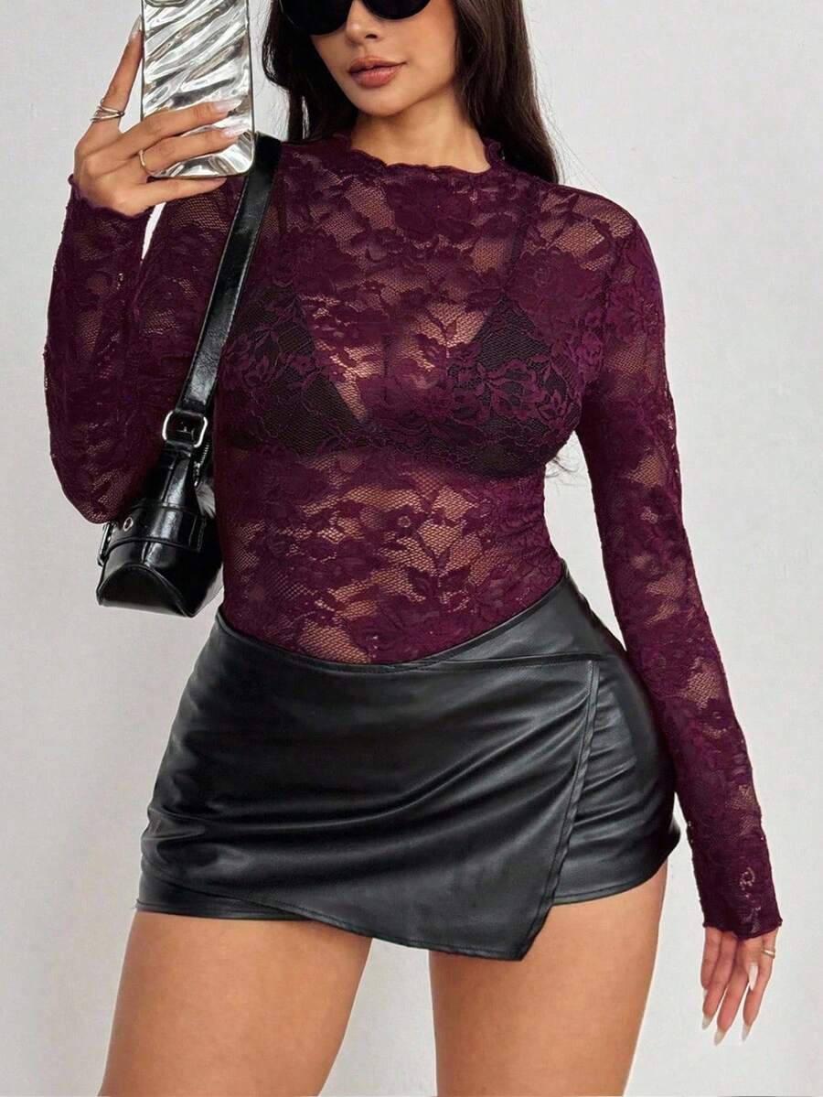 SHEIN PETITE Áo nữ cỡ lớn gợi cảm, tay dài, cổ tròn, chất liệu ren xuyên thấu, dáng ôm, co giãn tốt, thích hợp cho mùa xuân/thu. - Màu đỏ tím - Xem 1