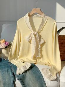 Comfortcana Women's Casual Lace Trim Tie Front Cardigan, Spring/Autumn - Yellow - View 1