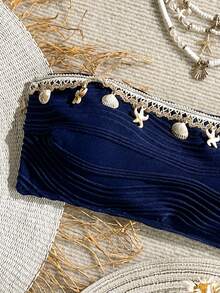 Swim Vcay 1pc Textured Solid Color Shell Strap Decor Bandeau Swimwear Top Navy Blue Tube Top Beaded Bikini - Navy Blue - View 3