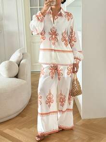 DAZY Women's Casual Retro Print Lantern Sleeve Shirt & Wide Leg Pants 2 Pieces Set, Spring/Summer - Orange - View 8