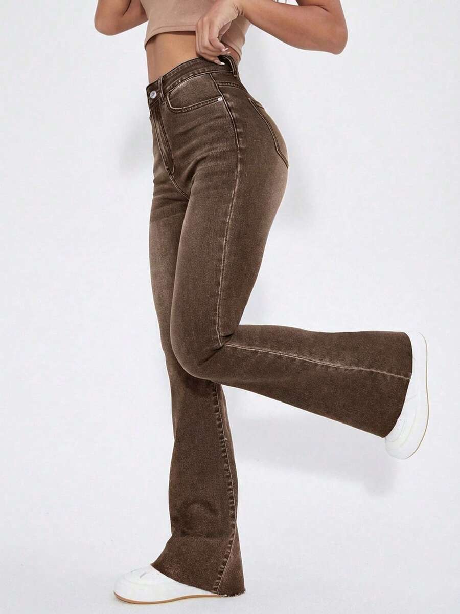 SHEIN Unity Washed Denim Blue High Waist Flare Leg Jeans - Coffee Brown - View 1