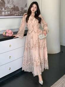 DAZY 女士优雅亮片V领系带中长连衣裙，春夏婚礼宾客礼服闪亮长裙 - 粉色 - 查看 8