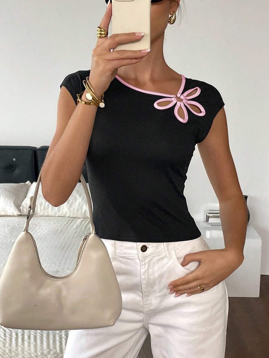 Siren Gaze Women's Asymmetrical Design Color Block Hollow Out Fitted T-Shirt,Summer Top - Multicolor - View 1