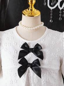 少女优雅花朵泡泡袖蝴蝶结撞色宽松娃娃裙，适合派对、聚会、婚礼季等场合 - 白色 - 查看 4