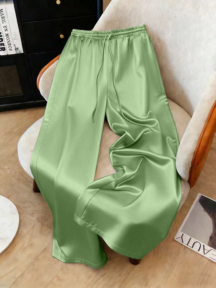 Franclia 大码缎面抽绳系腰直筒裤 - Limelight Green - 查看 1