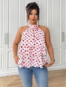 Elenzga Plus Size Heart Print Spaghetti Strap Camisole Tiered Peplum Top - Multicolor - View 4