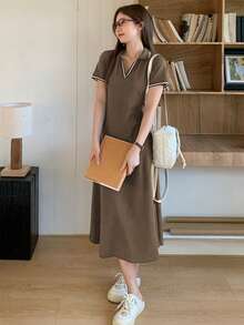 DAZY Women's V-Neck Casual Striped Mid-Length Dress Shirt Dress - Coffee - View 3