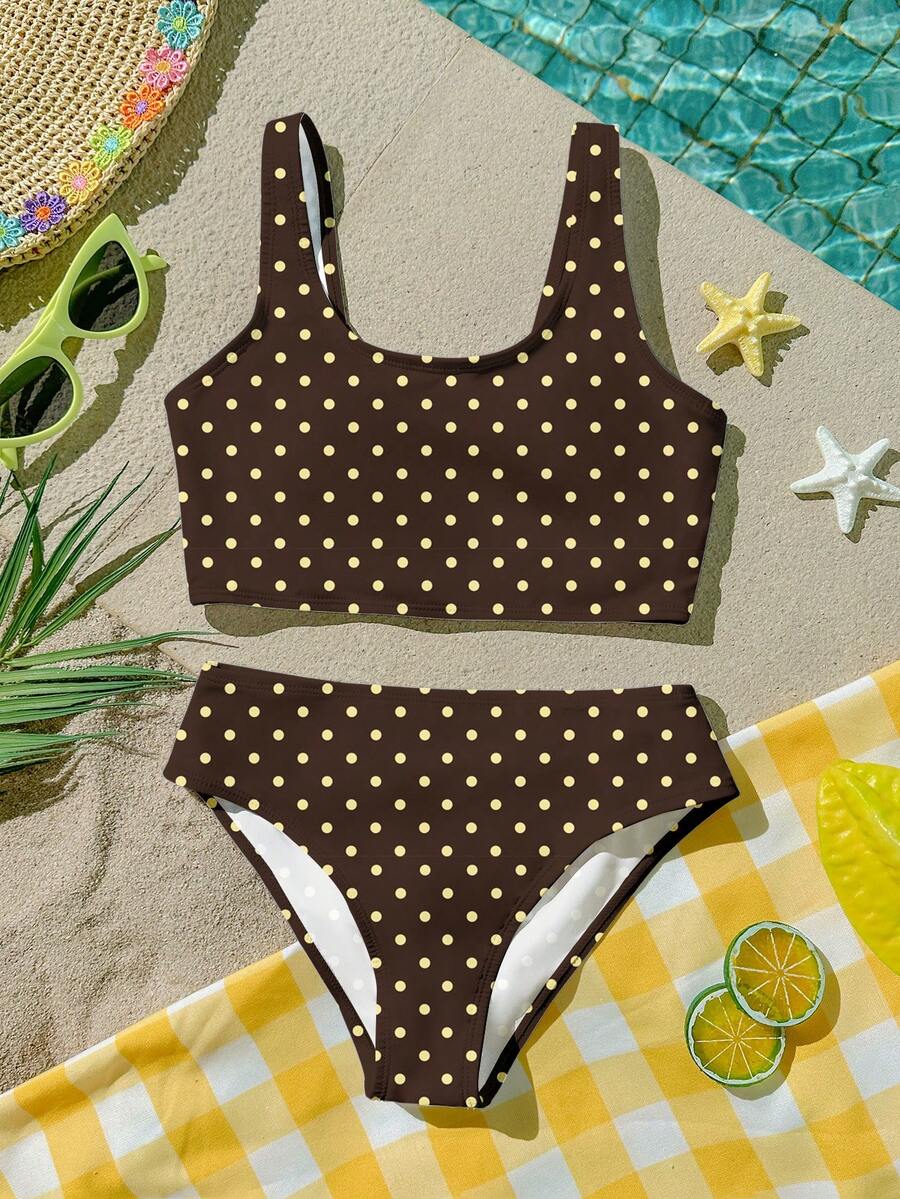 Retro Polka Dot Print Pattern Tween Girl Casual Minimalist Tankini Swimwear Set, Suitable For Summer - Multicolor - View 1