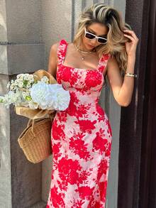 Pariaura INS Style Ruffle Strap Backless Tie Dress For Women - Red - View 5