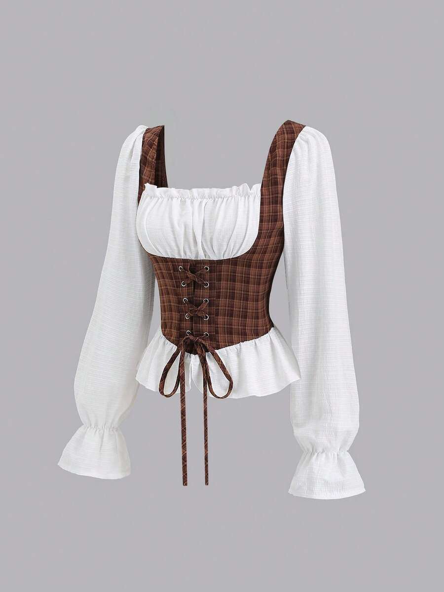 Sweetra 法式复古棕色格子二合一翻领系带修身长袖衬衫，春秋季女装 - 彩色 - 查看 1