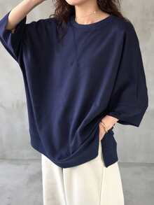 FRIFUL 女士海军蓝宽松基础款T恤，休闲夏季服装 - 藍色 - 查看 3