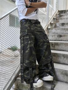 Manfinity EMRG Men's Street Fashion Camo Print Pocket Denim Jeans - Army Green - View 5