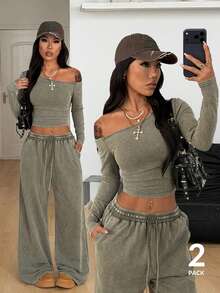 Coolane 女士日常穿搭必备针织弹力舒适不对称领长袖上衣和阔腿运动裤套装两件套 - 軍綠色 - 查看 3