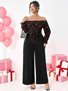 Elenzga Casual Plus Size Off The Shoulder Long Jumpsuit With Heart Print Three Quarter Length Sleeves And Belted Detail - Multicolor - View 4