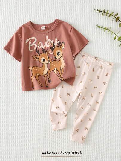 Cozy Pixies 2pcs Baby Girl Floral Print Knit Soft Round Neck Short Sleeve Top And Elastic Waist Pants Set