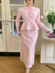 DAZY 2pcs/Set Fitted Long Sleeve Top And High Waist Bodycon Skirt Suit, Fashionable Women Outfit - Pink - View 7