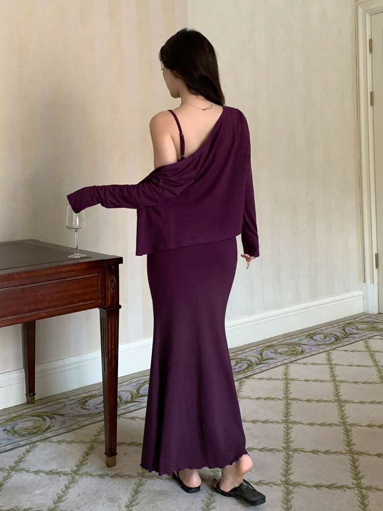 Solid Color Knit Cardigan & Bodycon Maxi Dress Homewear Set For Women