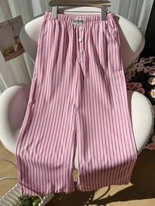 Sparklyn Tween Girls Loose Casual Chic Sports Textured Striped Wide Leg Pants, Suitable For Daily Commute, Leisure, Vacation, Gathering With Friends, Street Style, Spring/Summer - Pink - View 4