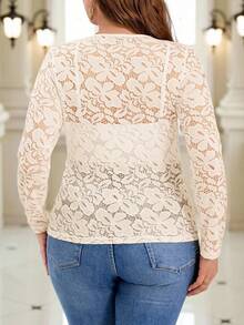 Reflora Áo lót dài tay màu đen ôm sát, thanh lịch, hơi xuyên thấu dành cho nữ cỡ lớn - Màu be - Xem 2