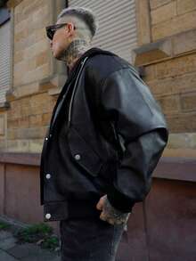 Artur Kramer Men's Long Sleeve Fashionable Casual Versatile Motorcycle Leather Jacket, Autumn/Winter - Black - View 4