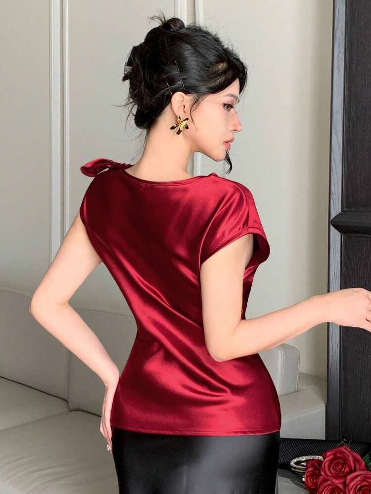 Women's Elegant Solid Color Pleated 3D Flower Blouse, Summer,Wedding Guest Dress Women