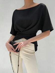 SHEIN Clasi Áo kiểu nữ thanh lịch, dáng suông, vai lệch, chất liệu vải bóng, thích hợp cho mùa xuân/hè. - màu đen - Xem 3