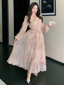 DAZY 女士优雅亮片V领系带中长连衣裙，春夏婚礼宾客礼服闪亮长裙 - 粉色 - 查看 4