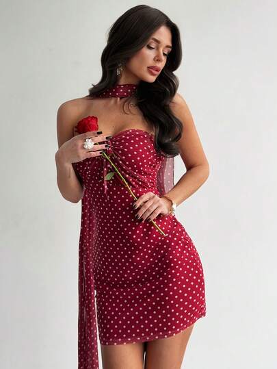 Firerie Women's Elegant, Delicate, Romantic, Sexy Holiday Party Ball Cocktail Valentine's Date Wedding Guest Vacation Hollow Drawstring Ruffle Long Flowy Bodycon Polka Dot Print Red Mini Dress
