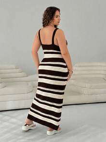 SHEIN EZwear 加大码巧克力棕色钩针编织长款毛衣连衣裙，夏季度假 - 巧克力棕 - 查看 2