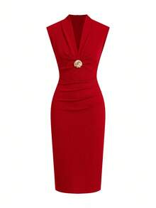 Ellevyn Women's Elegant Solid Color Sleeveless Midi Dress, Suitable For Party - Red - View 2