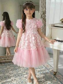 SHEIN 女童雪纺碎花荷叶边圆领休闲连衣裙 - 白色 - 查看 6