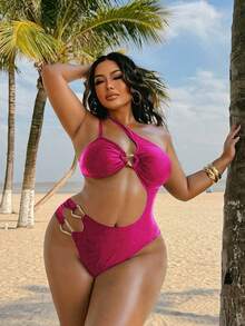 Swim SXY Áo tắm liền thân dệt kim màu nâu trơn dành cho nữ cỡ lớn, thiết kế cổ áo chéo tối giản, phong cách nghỉ dưỡng thường ngày. - Màu Hồng Tươi - Xem 4