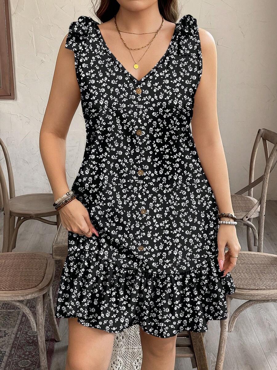 SHEIN LUNE Gaun Tanpa Lengan Kancing Bahu Ikat Kasual Motif Bunga Kecil untuk Wanita Ukuran Besar, Cocok untuk Musim Panas dan Musim Semi - MultiWarna - View 1