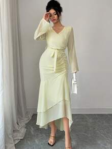 Modelyn Yellow Chiffon Mermaid Hem Dress - Light Yellow - View 8