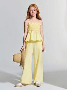 Maija Kids Maija Kids Tween Girl Yellow Bubble Crinkle Fabric Camisole & Loose Pants Casual Outfit - Yellow - View 1