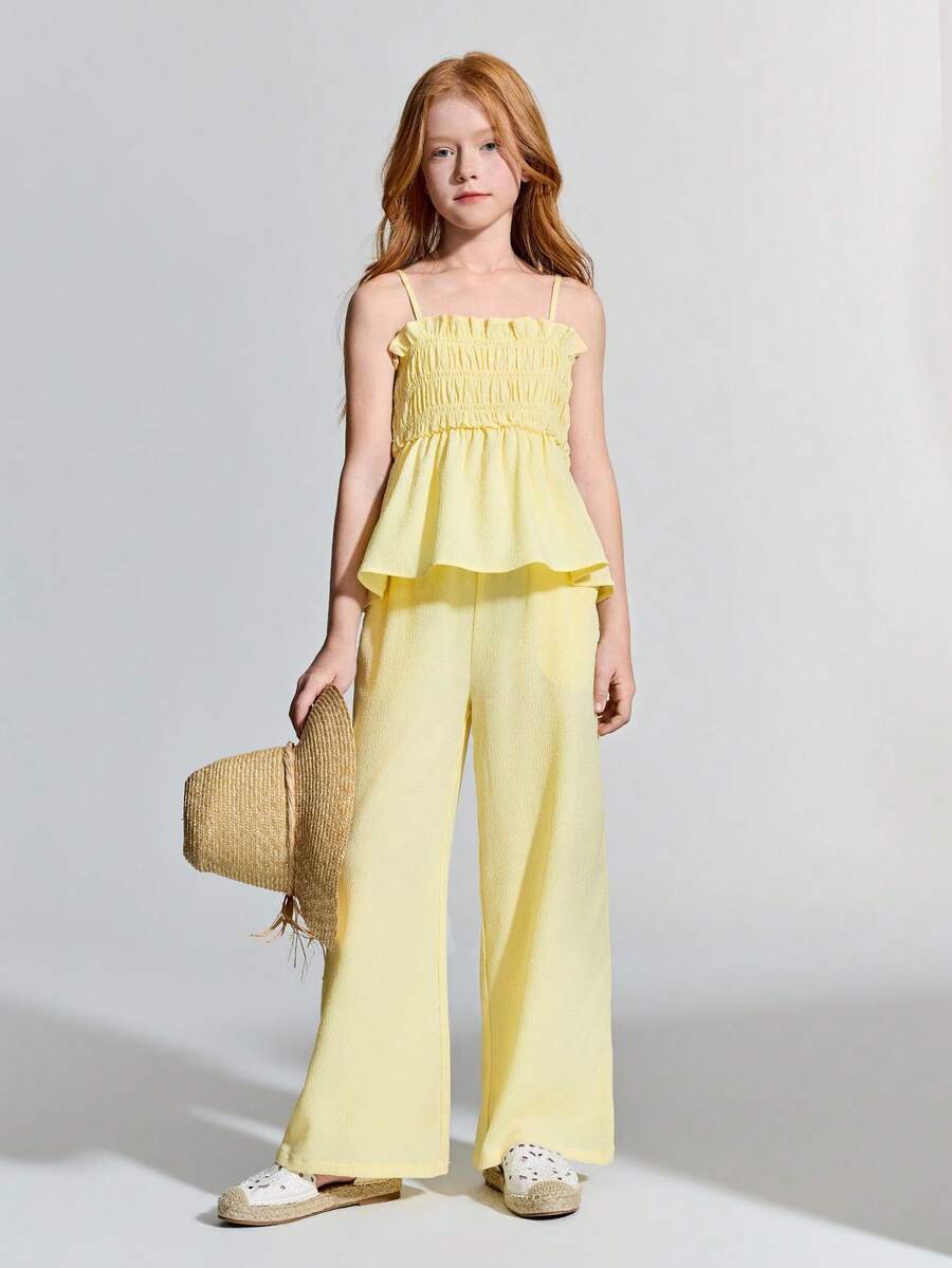 Maija Kids Maija Kids Tween Girl Yellow Bubble Crinkle Fabric Camisole & Loose Pants Casual Outfit - Yellow - View 1