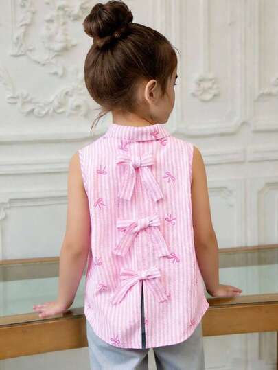 SHEIN Playful Pals Young Girls' Woven Striped Pink Sleeveless Asymmetrical Shirt, Bowknot Decor At Back, Suitable For School, Casual, And Versatile Outings