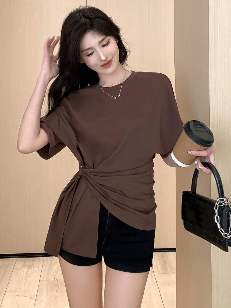 Women Solid Color Casual Round Neck Twist Front Short Sleeve T-Shirt Summer
