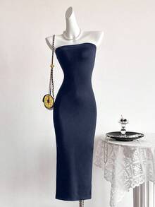 SHEIN Strapless Slit Snug Fit Skirt, Fashionable & Sexy, Fitted Design, High Waist Slit, Suitable For Parties - Navy Blue - View 2