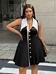 Maweii Plus Size Women's Color Block Square Neck Short A-Line Dress, Suitable For Commuting, Summer - Black and White - View 5