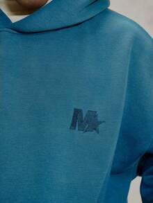 Musero Oversized Langarm Gewaschen Kapuzenpullover mit Marken-Patch-Details Trainingsanzug Co-Ord Sweatshirt Oberteil nur Herbst Kapuzenpullover Essentials Frühling&Sommer - Blau - Übersicht 6